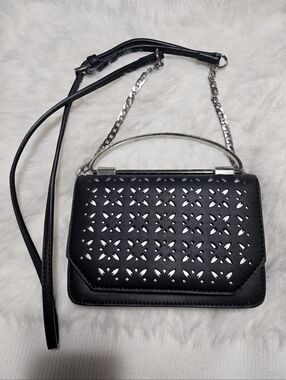 BCBG Black Laser-Cut Crossbody Bag with Silver Handle